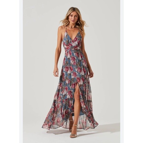$158 Astr The Label Slate Blue Frolic Floral Cutout Maxi Dress XS A500 - Picture 1 of 9